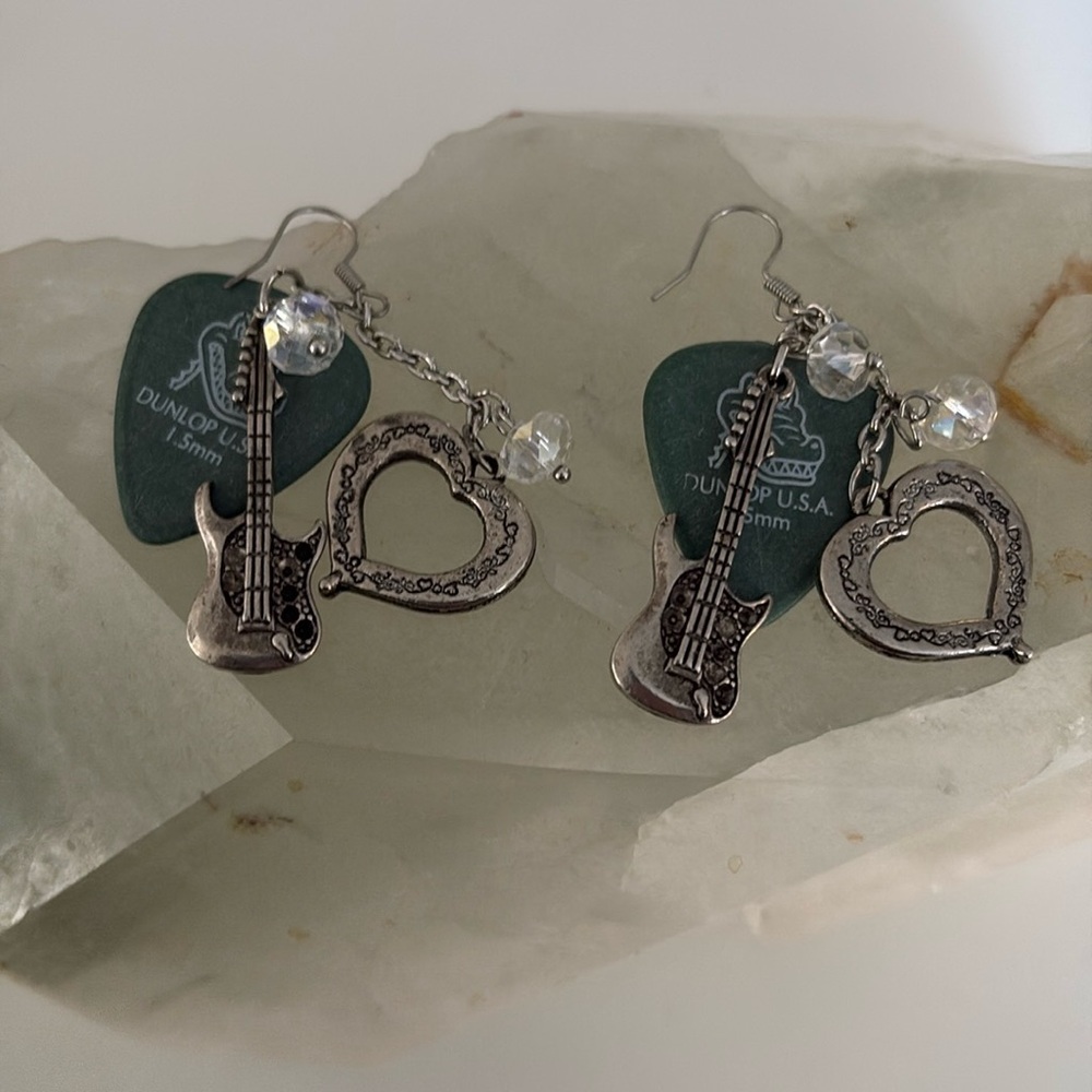 Electric guitar, Dunlop pick, heart, dangling earrings-silver tone, green, white